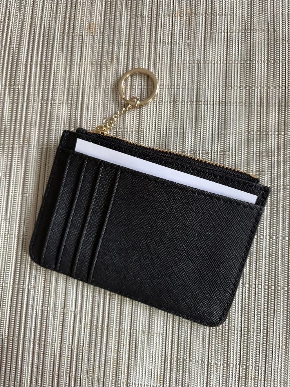 kate spade Black Saffiano Zip Key & Card Holder with Gold Hardware